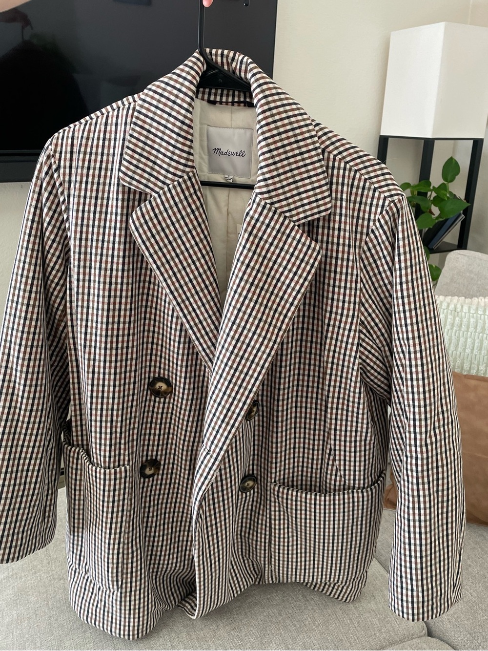 Madewell Brown and Cream Gingham Double-Breasted Blazer
